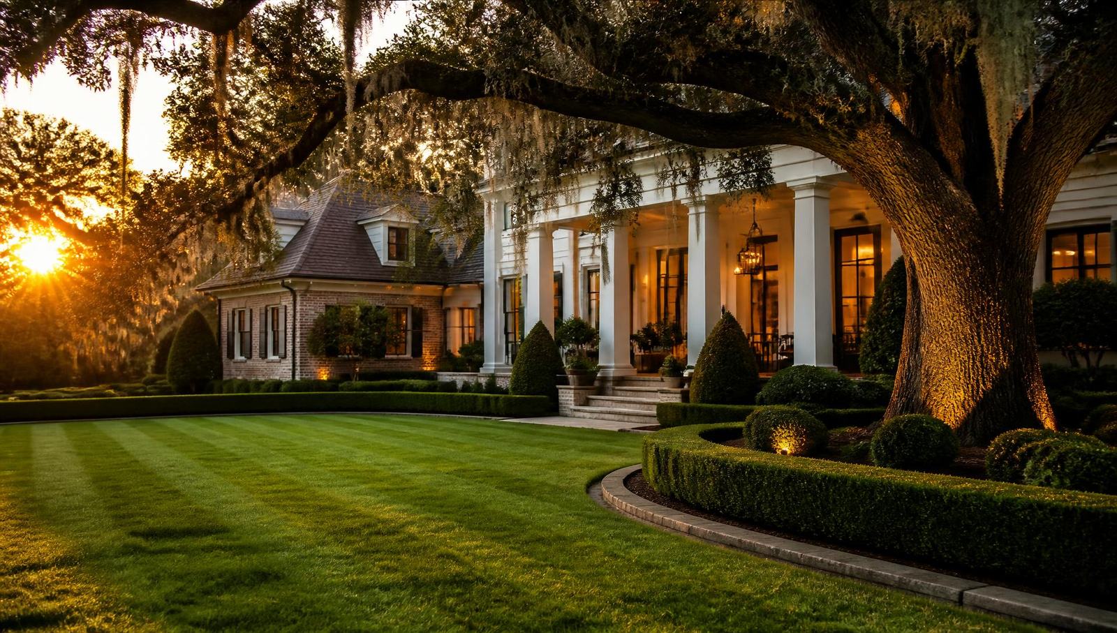 Manicured Louisiana estate lawn with sculpted hedges and warm landscape lighting at golden hour