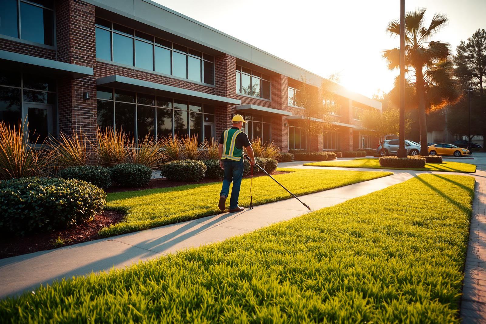 Grounds crew member edging a walkway in front of a maintained commercial office building in South Louisiana