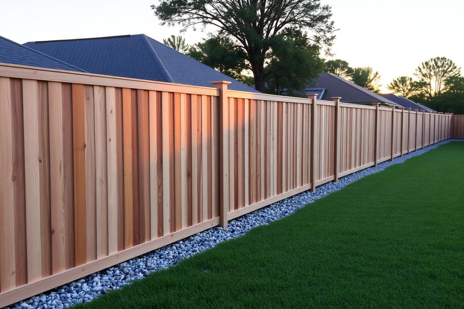 Newly installed cedar privacy fence with a clean gravel base along a green lawn in South Louisiana