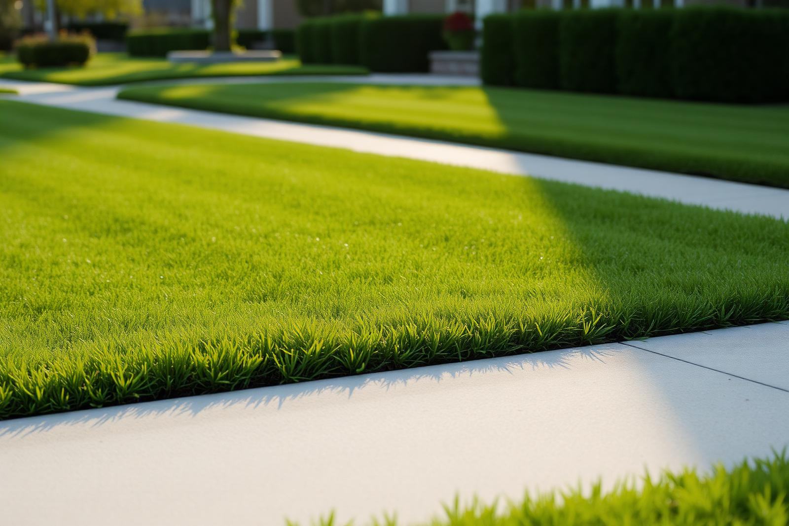 Freshly mowed lawn with crisp edging along a concrete walkway at a home in Houma, Louisiana